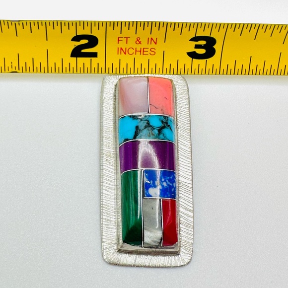 Native Inspired Stone Inlay Pendant Colorful Geometric Silver Tone - Picture 5 of 5